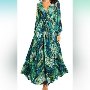 Long Sleeve Purple Green Maxi Dress
